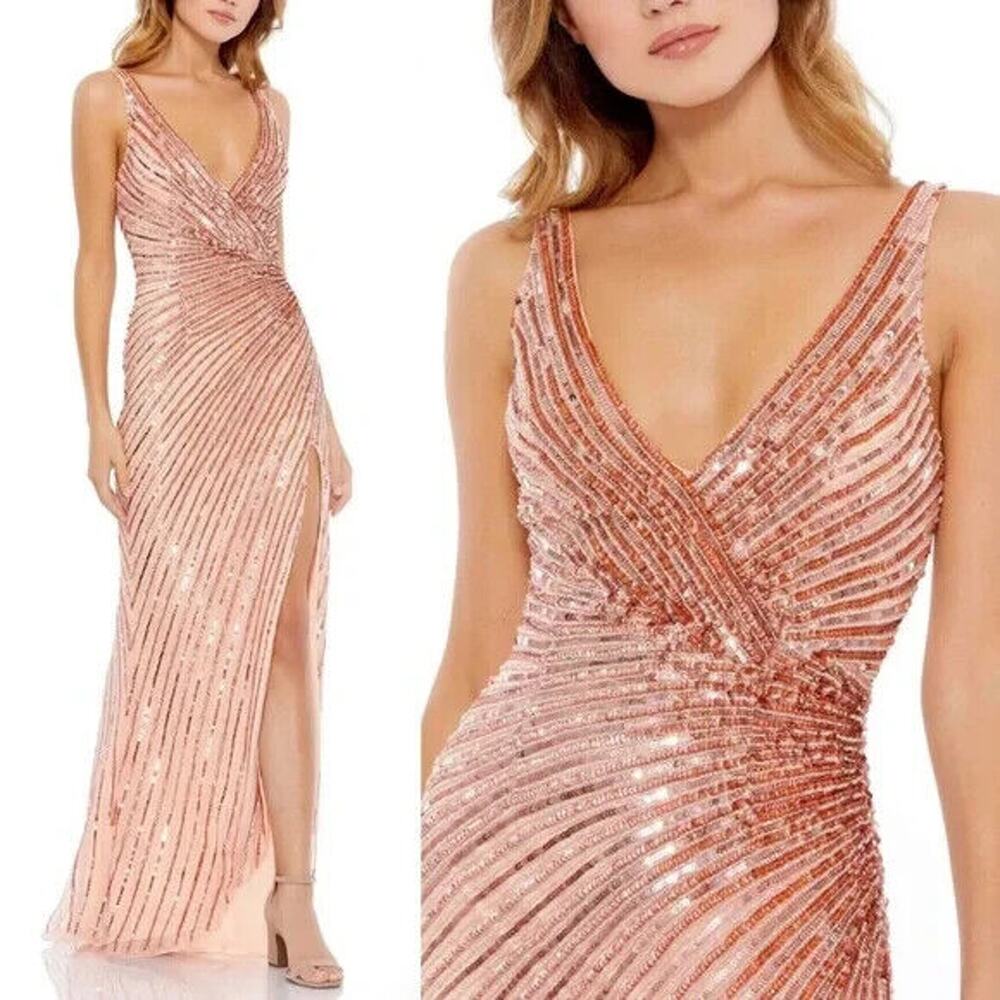 NWT‎ Mac Duggal 5372 Sequined A-Line Wrap Gown SZ 6 Rose Gold